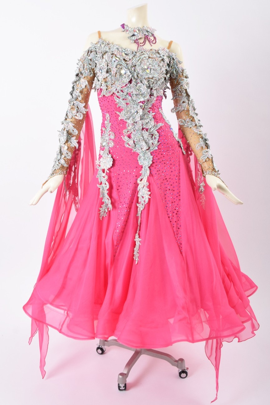 社交ダンスドレス 　タカダンス　ピンク フラワーモチーフ　　ロングドレス スタンダードドレス WS0579 エレクトリックピンク/シルバー M