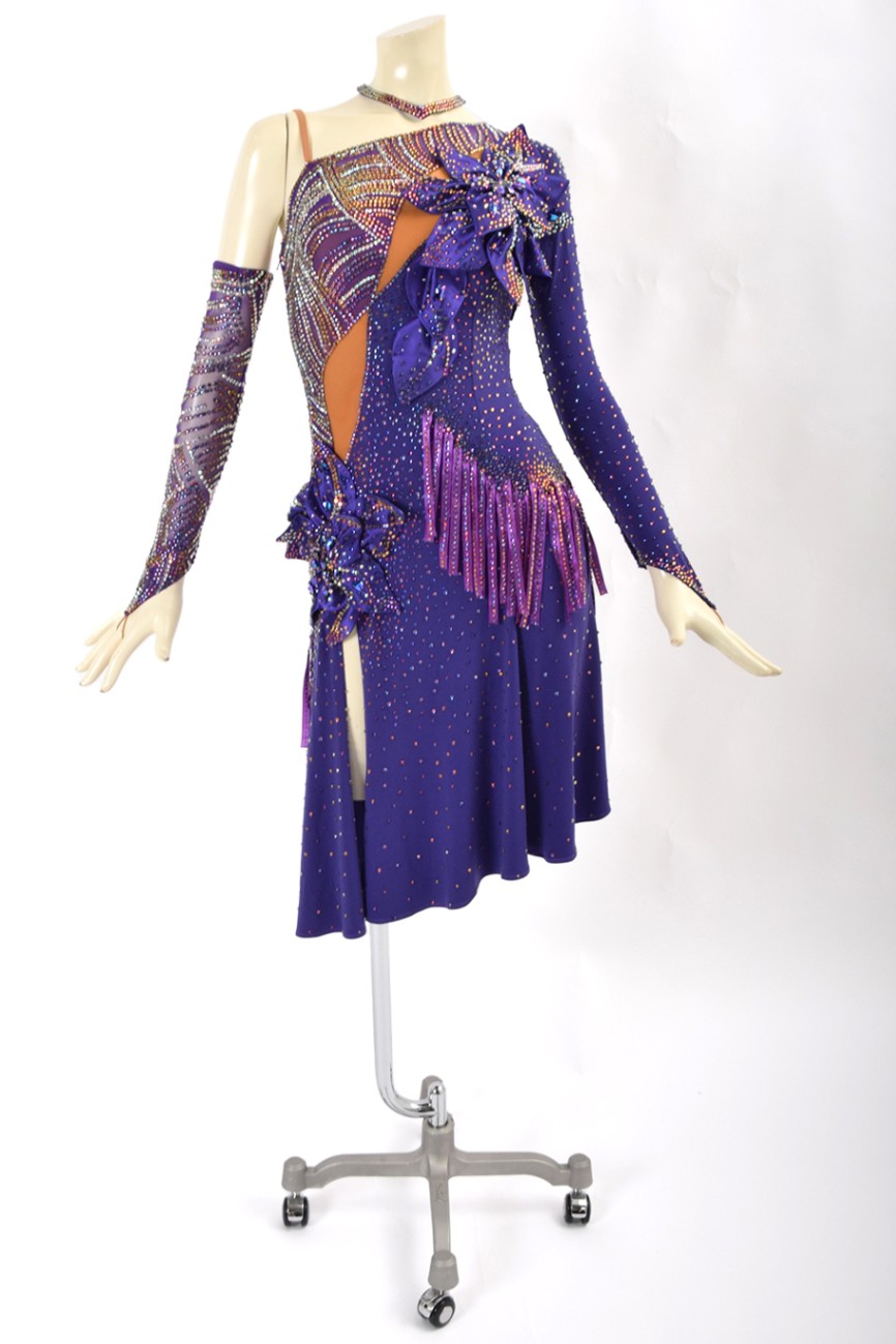 社交ダンスラテン装飾スワロースキー石ドレス D991美しい石装飾が薫り高いブルーベリー色のモダンドレス