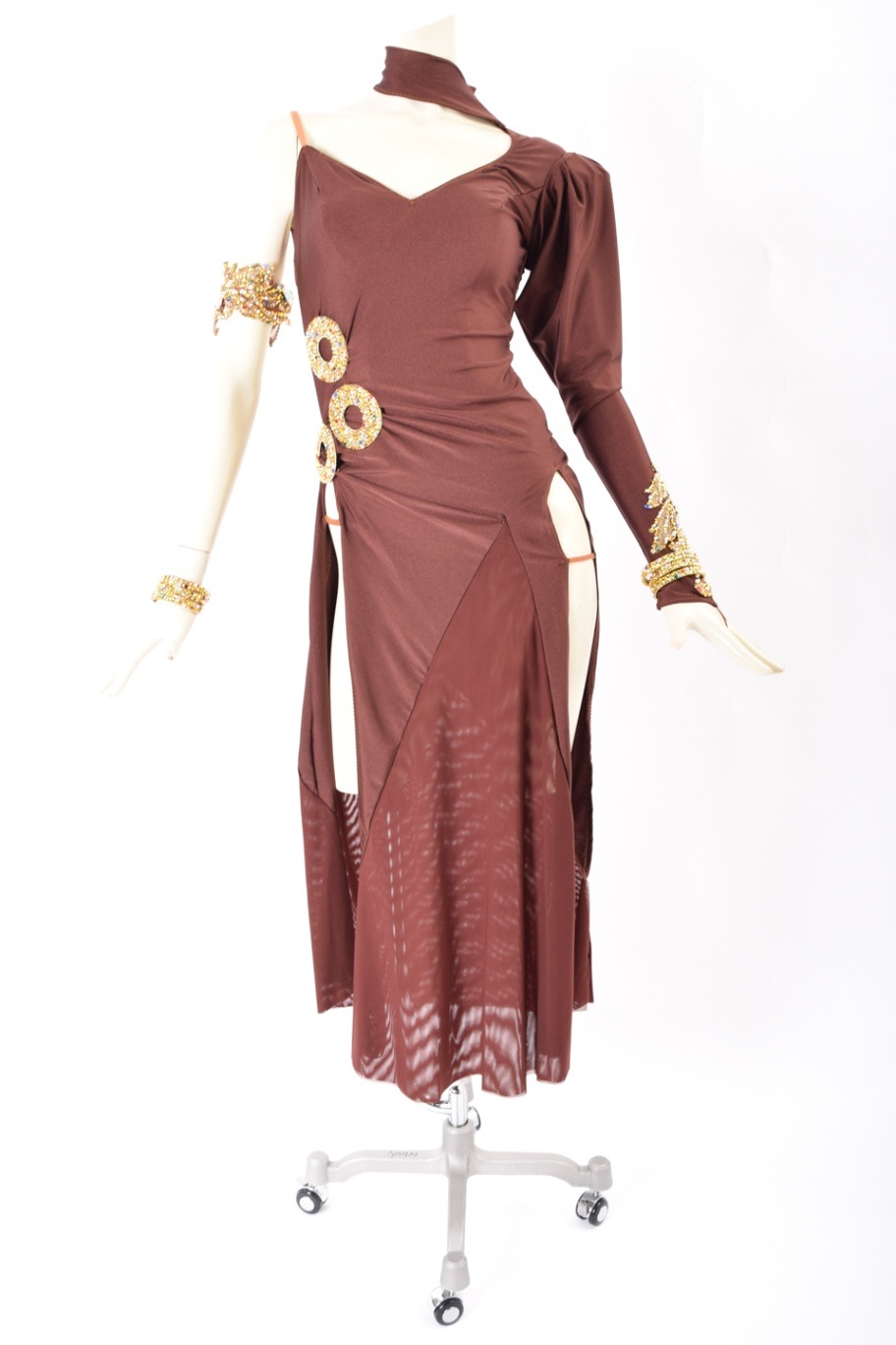 美品バラ装飾のブラウンラテンドレス ラテンドレスS