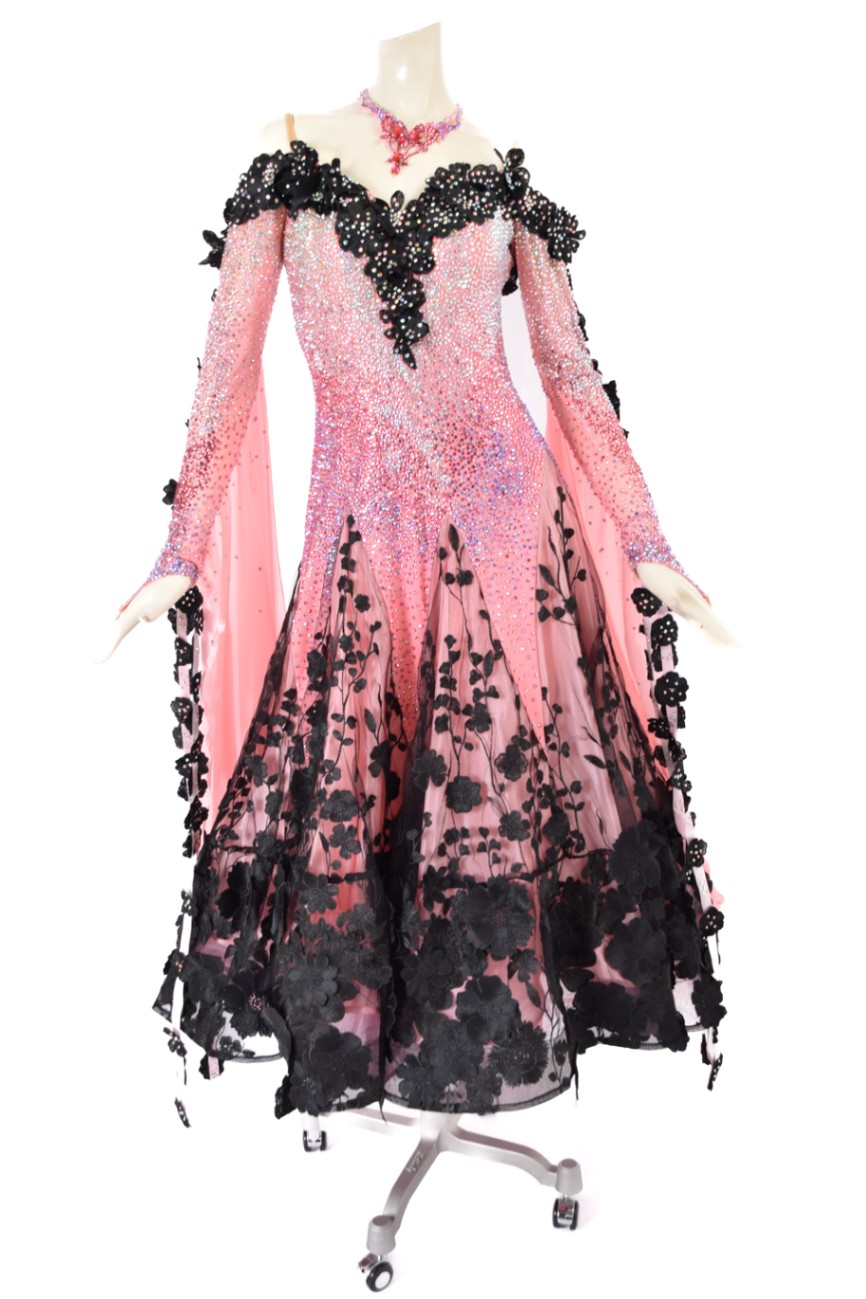 社交ダンスドレス ピンクと黒 社交ダンス ブラックピンクドレス スタンダード D731世界アマ