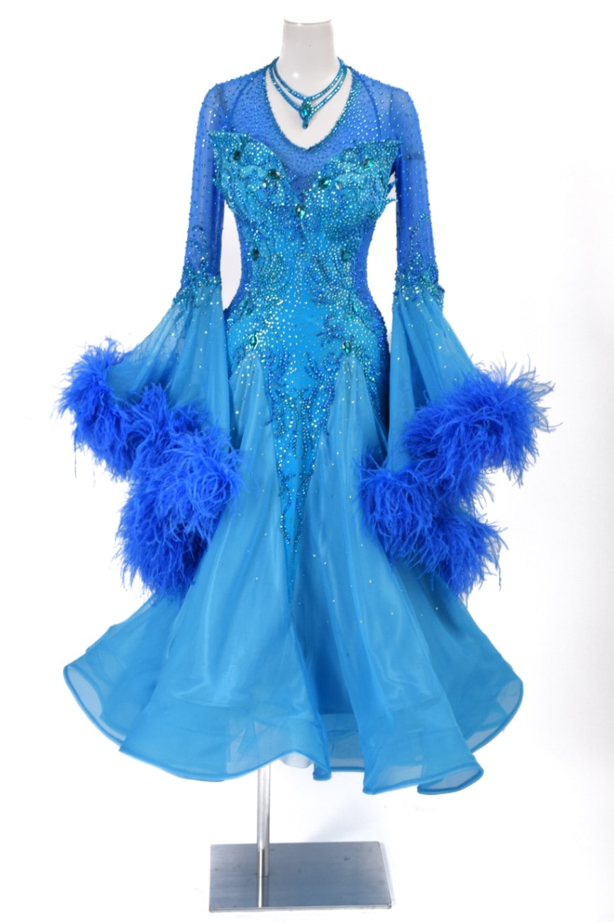 社交ダンスドレスターコイズブルー競技ダンスドレススタンダード