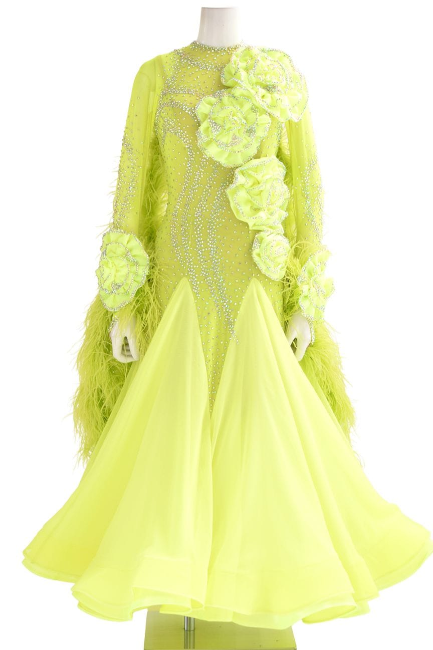 B1597☆美品☆M☆黄色/フェザー/スワロMIX/スタンダードドレス☆社交ダン