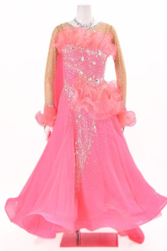 スタンダードドレス WS0743D サーモン L 社交ダンス モダンドレス