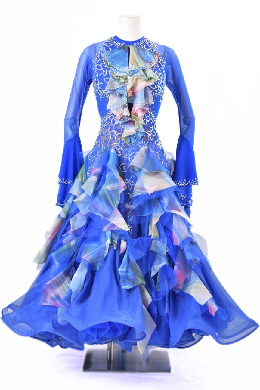 社交ダンスドレス　ブルー　青フレアドレス ラインストーン付き　オーダーメイド 社交ダンスドレス ブルー 青フレアドレス ラインストーン付き オーダー