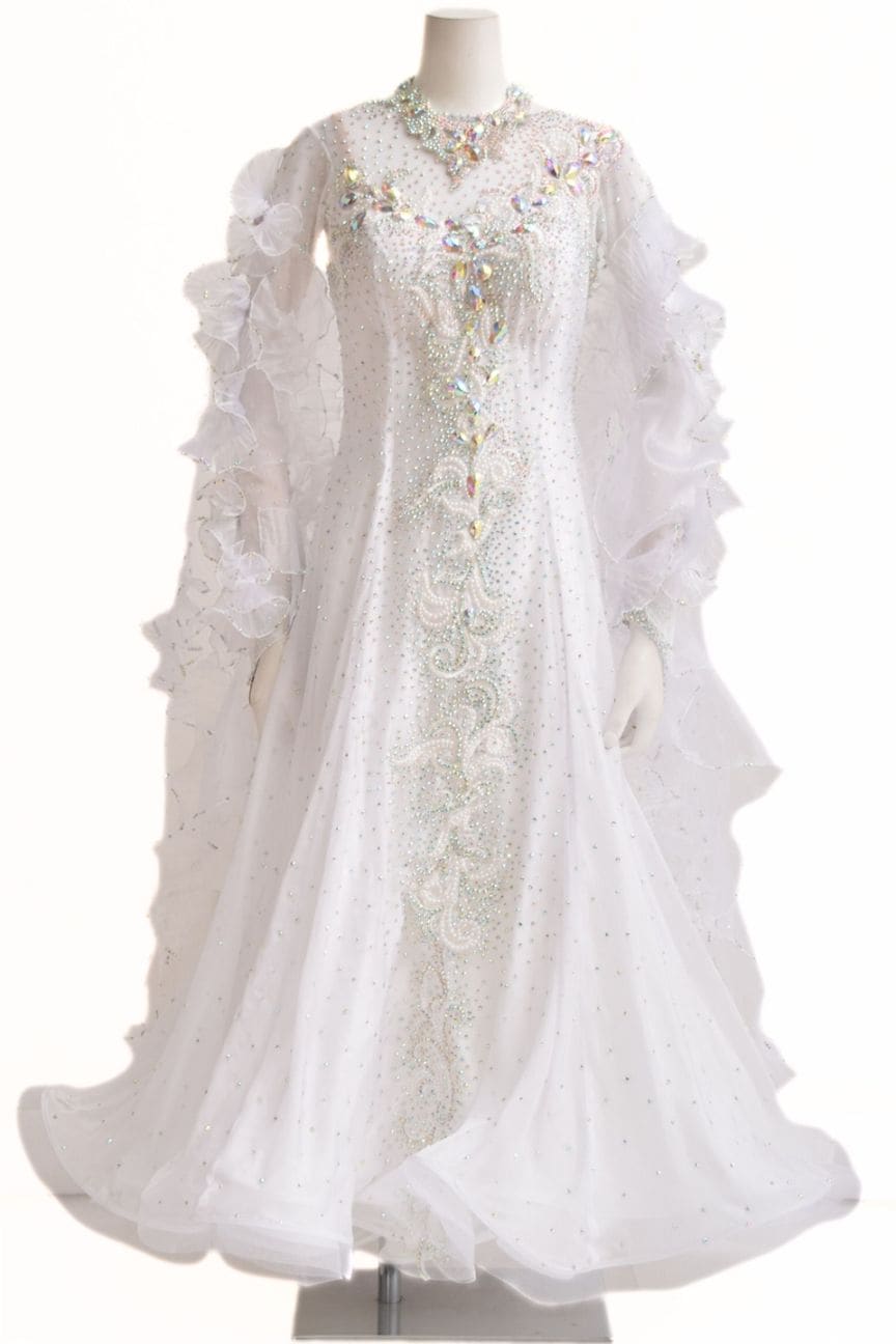 社交ダンス　ホワイト　モダンドレス　競技会 スタンダードドレス WS0734D ホワイト M 社交ダンス モダンドレス