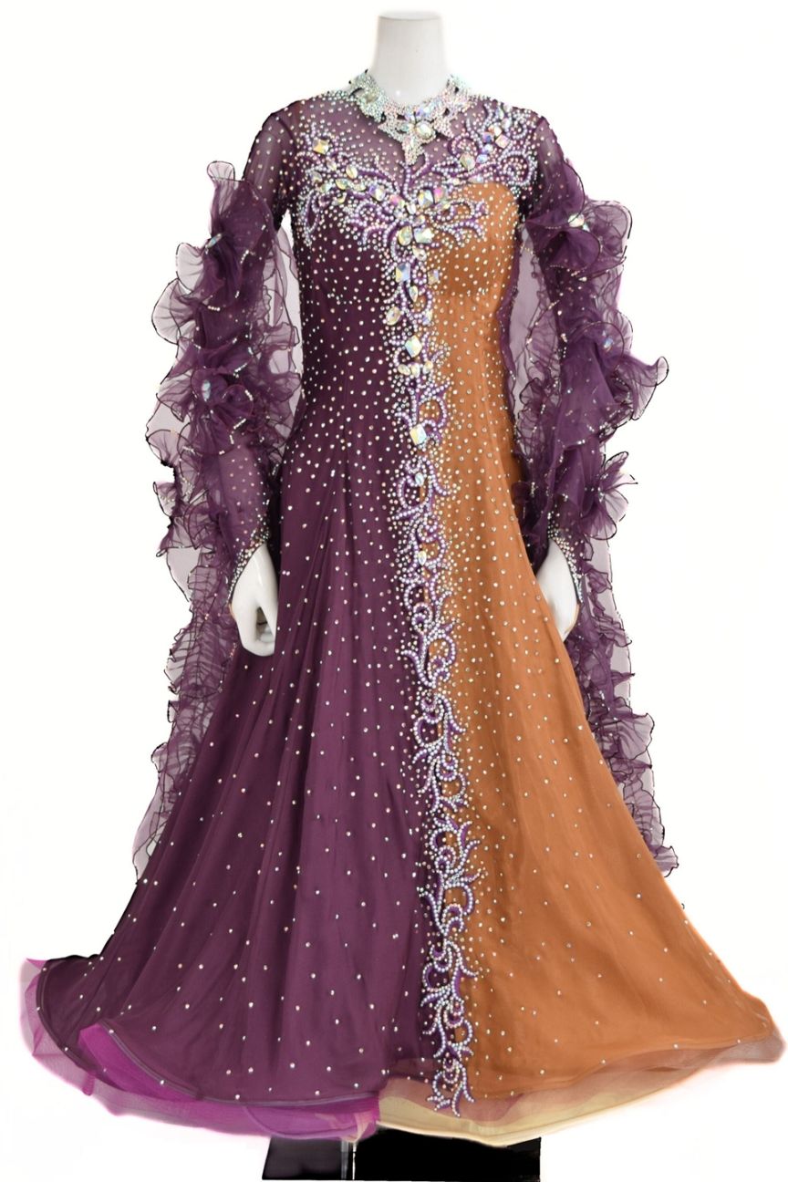 社交ダンスドレス　美品ドレス　スタンダードドレス　ボールルーム スタンダードドレス WS0734D プラム/カプチーノ M 社交ダンス モダン