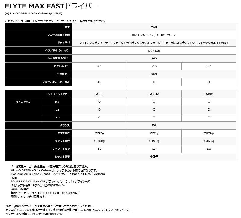 ���ò�/¨Ǽ��2025 ����������� ���꡼�� ELYTE MAX FAST �ɥ饤�С� LIN-Q GREEN 40 for Callaway ����������