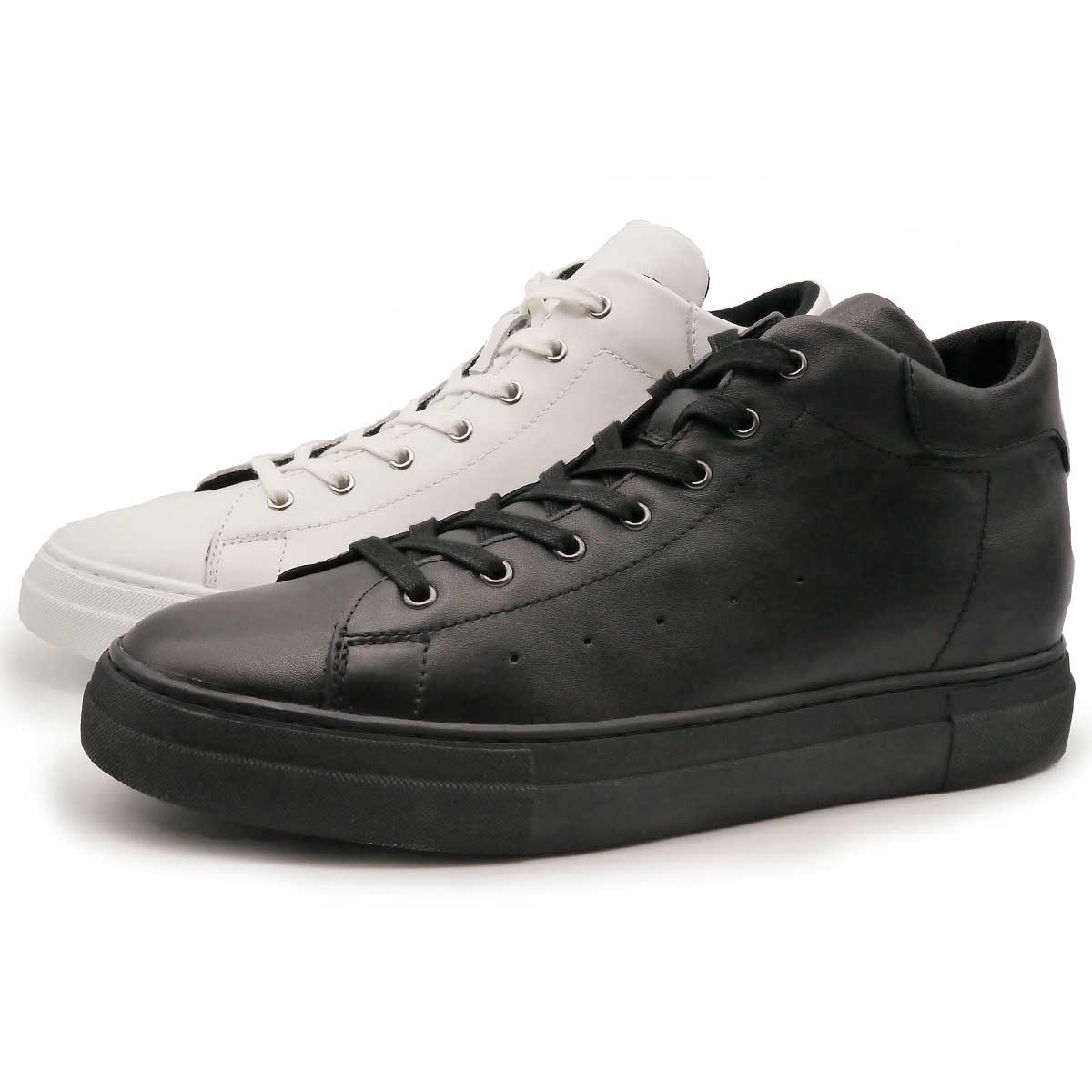 10cmアップ スニーカー メンズ 本革 ハイカット 厚底 シークレットシューズ ブラック/ホワイト【HB030-10CM】