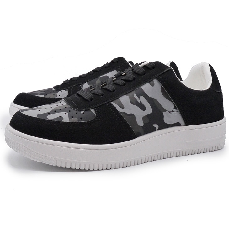 【SHOES SELECTION対象】6cmUP ローカットスニーカー 合成皮革×牛革スエード カモフラ柄 ブラック【hb070blk】