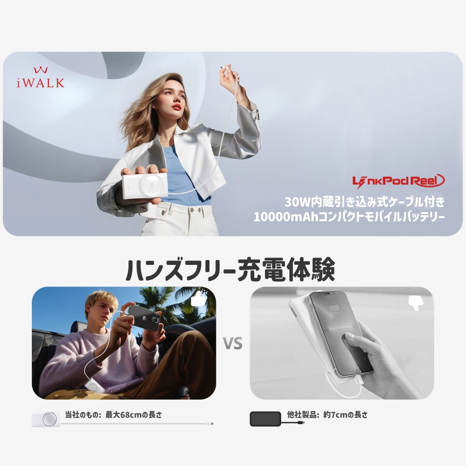 アイウォーク iwalk モバイルバッテリー 10000mAh USB-C ケーブル ライトニング ケーブル USB-A  出力 30W 充電器 70cmケーブル Type-C 入力 コンパクト 急速 Link Pod Reel レビュープレゼント