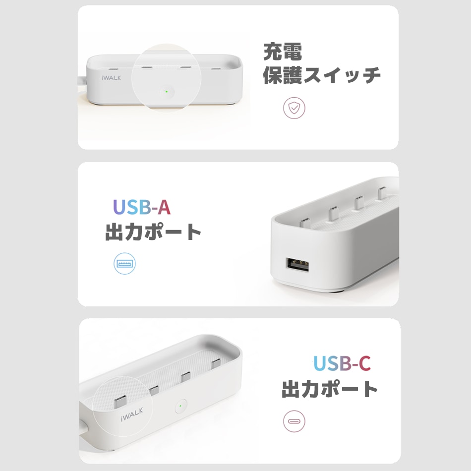 モバイルバッテリー 充電器 複数充電器 iWALK 充電機 1台4役 アイウォーク コンパクト オフィス 家 パーティ 時短 白 黒 ホワイト ブラック