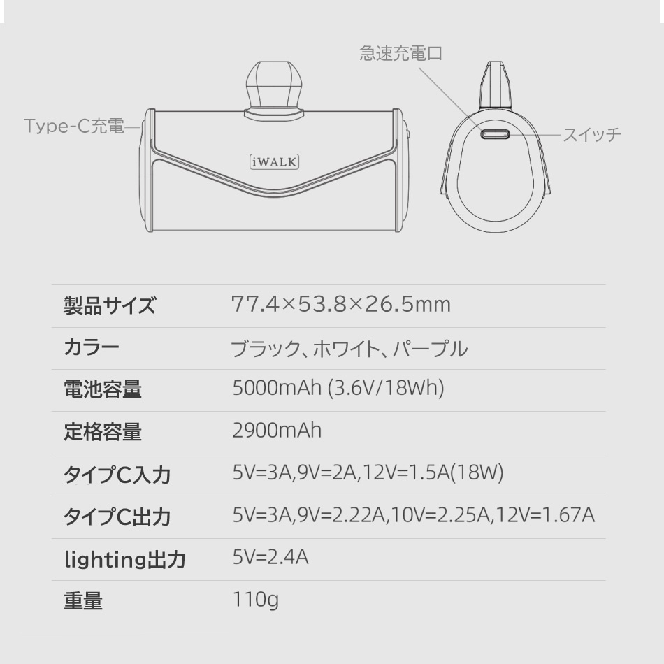 モバイルバッテリー iWALK 軽量 小型 ビジュー  かわいい ワイヤレス 充電 急速  イヤホン type-c 大容量 アンドロイド iPhone16 Pro Max  iPhone15 Pro Max15  5000mAh