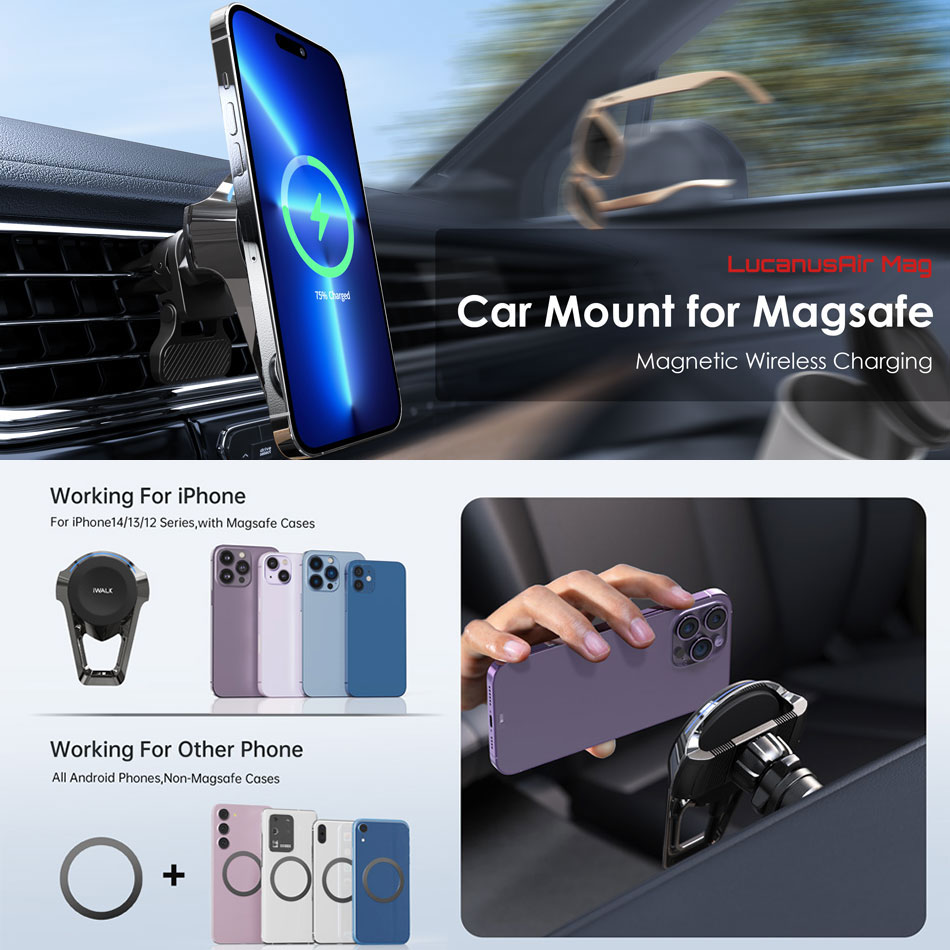 車載ホルダー ワイヤレス充電器 iwalk アイウォーク ギフト対応可 スマホ 携帯 スマートフォン マグネット スマホホルダー iphone 充電 エアコン吹き出し口 クリップ式 超強力 レビュープレゼント