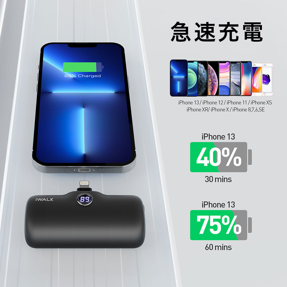 モバイルバッテリー iWALK 軽量 小型 iphone ワイヤレス 充電 急速 全機種対応 イヤホン Lightning type-c 大容量 android アンドロイド iPhone15 15Pro iPhone14 14Pro Max iPhone13 13Pro Max se2 se xr ~ iPhone5 PSE 認証 4800mAh