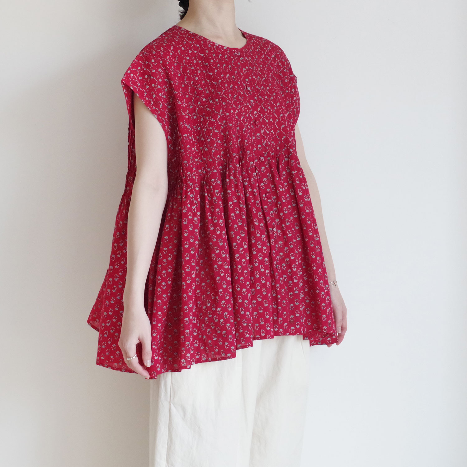 maison de soil �᥾��ɥ����� : 80s VOILE SMALL GENTIANA BLOCK PRINT SHIRT �ե������꡼�֥֥饦��