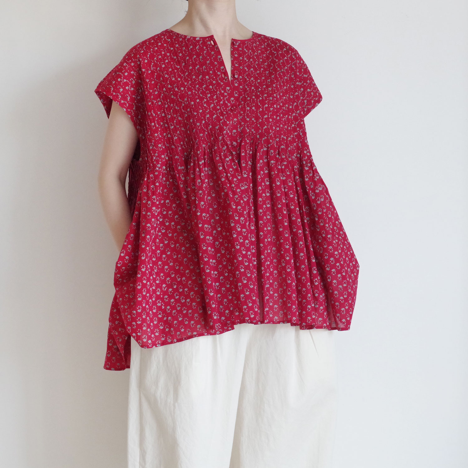 maison de soil �᥾��ɥ����� : 80s VOILE SMALL GENTIANA BLOCK PRINT SHIRT �ե������꡼�֥֥饦��