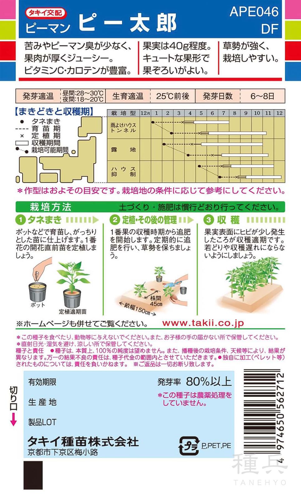 ピーマン（ペンシル型） 種 『ピー太郎』 APE046 タキイ種苗 | たね