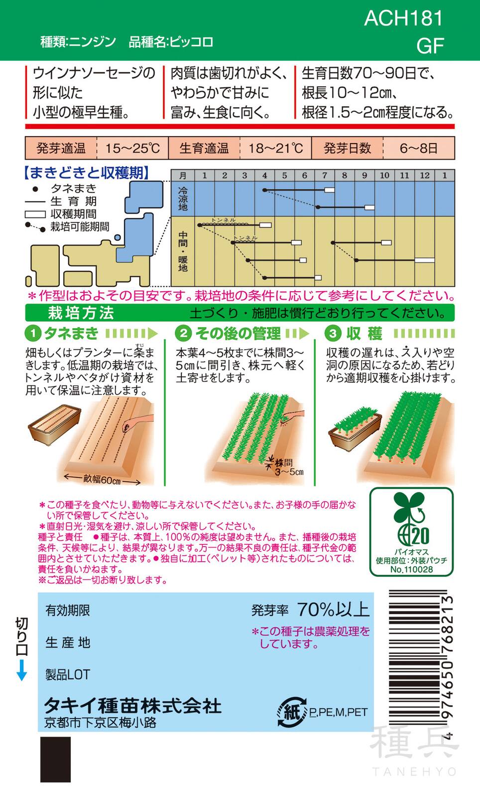 極早生ミニニンジン 種 『ピッコロ』 ACH181 タキイ種苗 | たね,根菜の