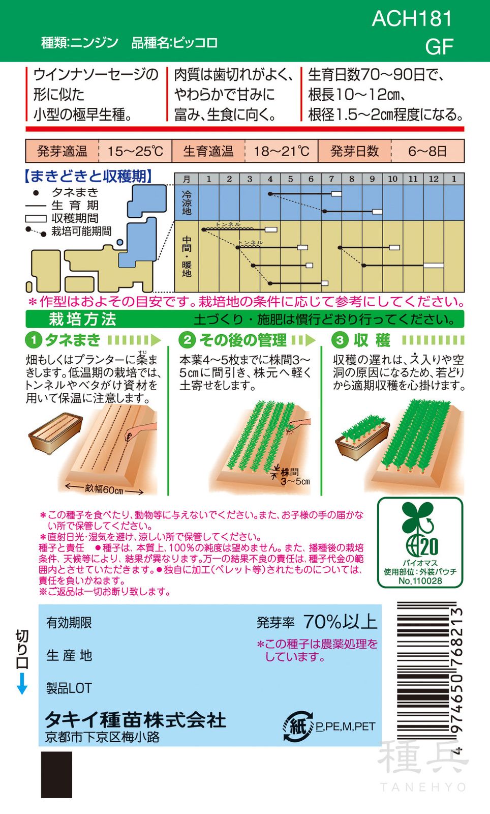 極早生ミニニンジン 種 『ピッコロ』 ACH181 タキイ種苗 | たね,根菜の