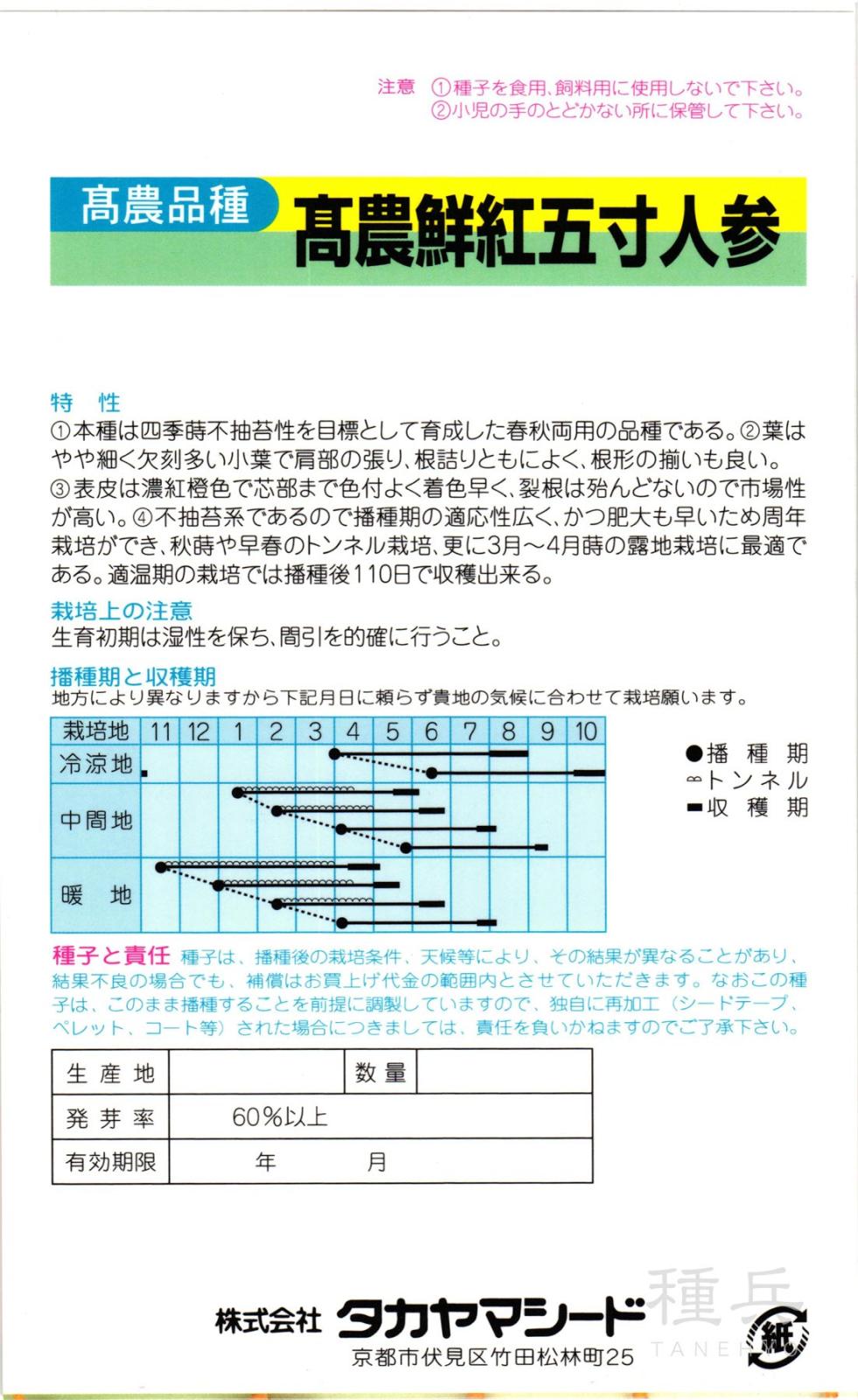 ニンジン 種 『高農鮮紅五寸(毛除種)』 タカヤマシード | たね,根菜の