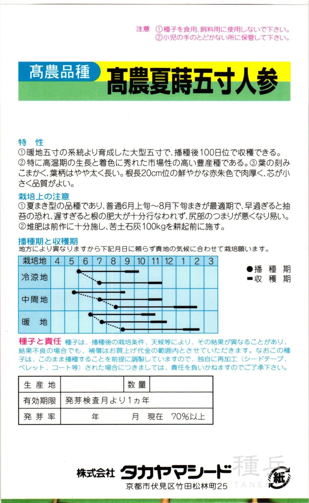 ニンジン 種 『高農夏蒔五寸(毛除種)』 タカヤマシード | たね,根菜の