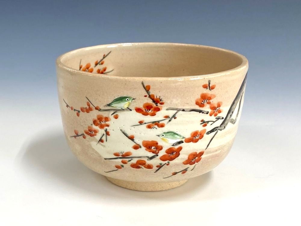 中国工芸茶碗 鳥と花の絵柄 いつまでも仲睦まじく】【美濃焼】「＆藍