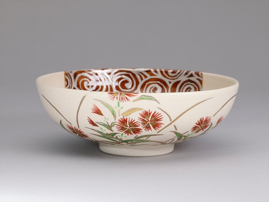 【茶道具】色絵 平茶碗 撫子 三宅陽春 茶道具】色絵 平茶碗 撫子 三宅陽春