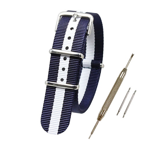 【送料無料 ネコポス便】TARO'S NATOタイプ時計バンド 交換ベルト Nylon Watch Band ネイビー×ホワイト 【 バネ棒外し・バネ棒2本・交換マニュアル付 】 ベルト幅18mm NATO-S8579-18