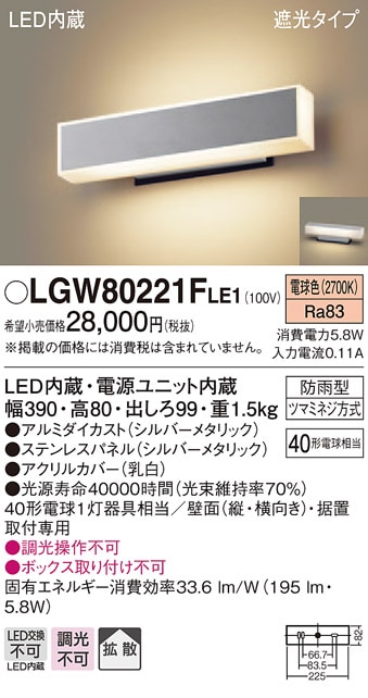 LGW80221FLE1 パナソニック LEDポーチライト 勝手口灯 門柱灯 電球色