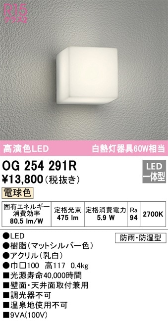 OG254291R オーデリック LEDポーチライト 電球色
