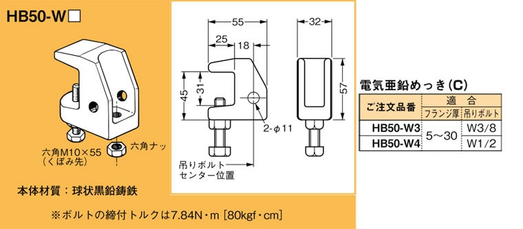 HB50-W3 ネグロス 吊り金具 吊りボルト用支持金具(一般形鋼用強力