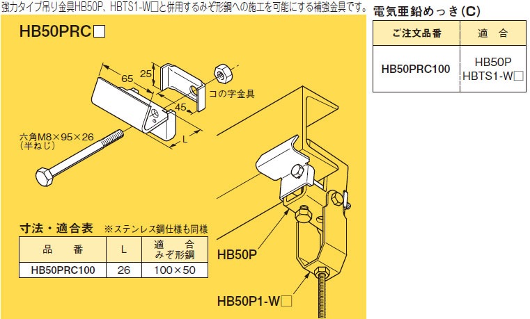 HB50PRC100 ネグロス 吊り金具 補強金具(HB50P用、みぞ形鋼用