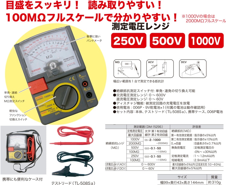 PDM-1529S ジェフコム 絶縁抵抗計(測定電圧レンジ：250V・500V・1000V)