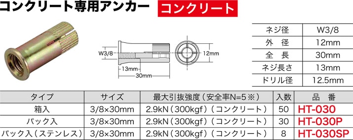HT-030P ジェフコム ビルディングアンカー(ショートタイプ、サイズ3/8×30mm、パック入り30本)