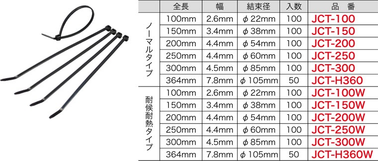JCT-250W ジェフコム ケーブルタイ(耐候耐熱タイプ、全長250mm、100本入)