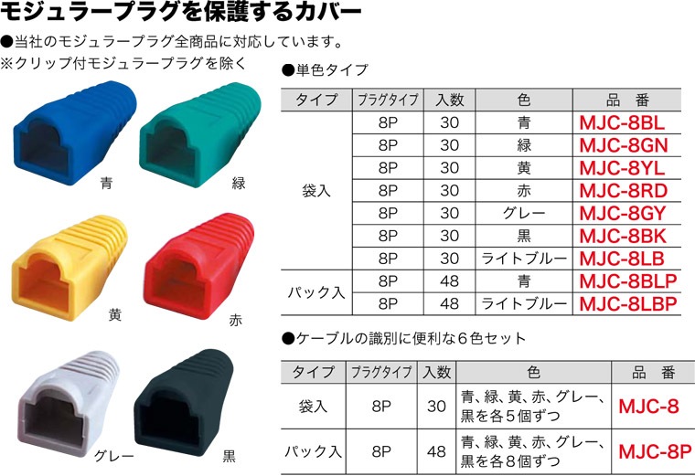 MJC-8 ジェフコム モジュラープラグカバー(袋入り30個、6色セット・各5