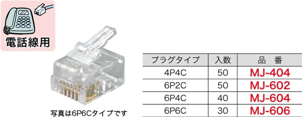 MJ-602 ジェフコム モジュラープラグ(通信線用)(プラグ6P2C、50個入)