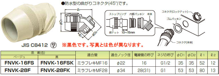 FNVK-28FK 未来工業 曲がりコネクタ(45°、防水型、黒色、10個入) 即配