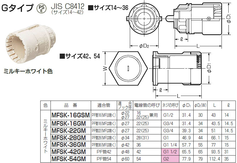 MFSK-42GM 未来工業 コネクタ（PF管42用）Gタイプ ミルキーホワイト色