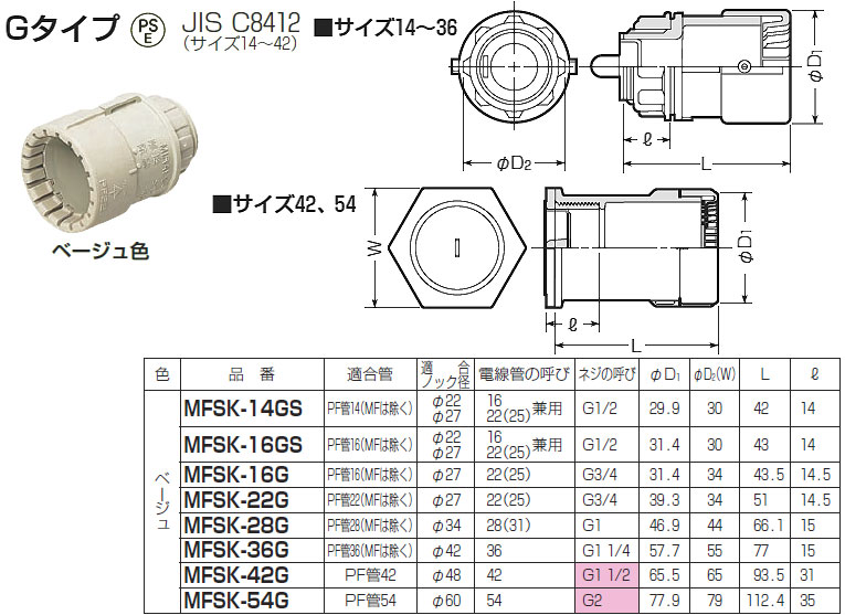 MFSK-28G 未来工業 コネクタ（PF管28用）Gタイプ（10個入）ベージュ色