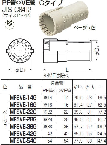 MFSVE-22G 未来工業 コンビネーションカップリング（PF管－VE管）Gタイプ（10個入）ベージュ色