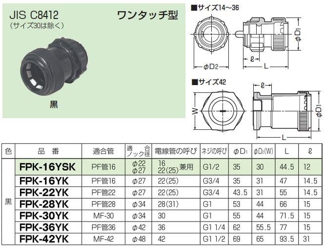 FPK-16YSK 未来工業 コネクタ(PF管用・ノック兼用)ワンタッチ型(10個入)ブラック色