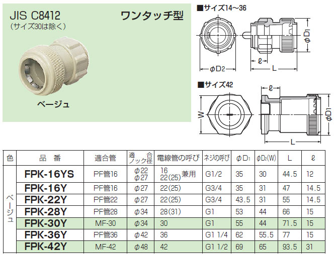 FPK-16Y 未来工業 コネクタ（PF管用）ワンタッチ型（10個入）ベージュ色