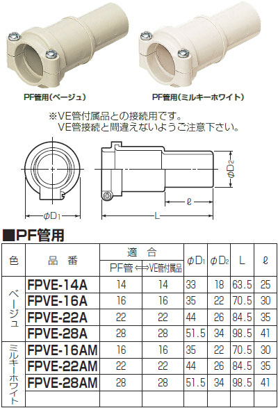 FPVE-16A 未来工業 アダプター(PF管・VE付属品用)(10個入)ベージュ色-タロトデンキ 電設資材店