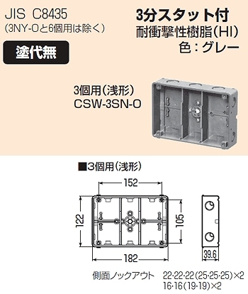 CSW-3SN-O 未来工業 埋込スイッチボックス(塗代無)3個用(浅型)