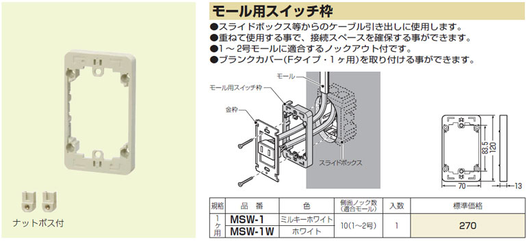 MSW-1 未来工業 モール用スイッチ枠[1ヶ用](ミルキーホワイト色) 即配