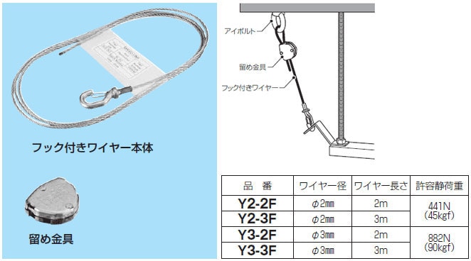 Y3-3F 未来工業 フック付きワイヤー(φ3、3m)