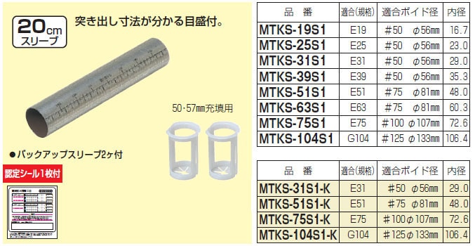 MTKS-104S1-K 未来工業 タイカスール用スリーブ1(共住区画用)