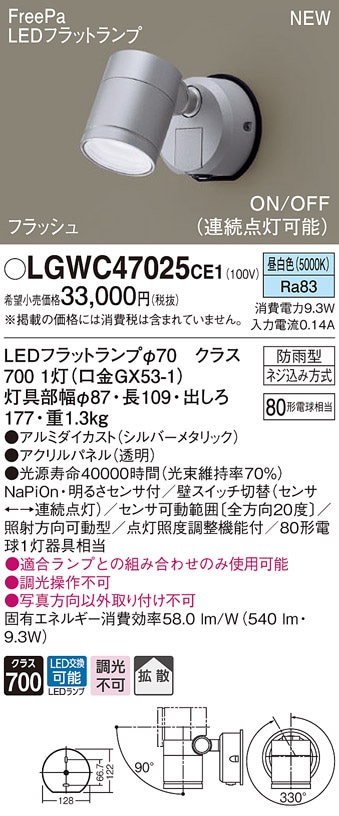 LGWC47025CE1 パナソニック 人感センサー付 屋外用LEDスポットライト