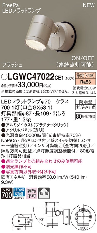LSPSC101LCE1 パナソニック 人感センサー付 屋外用LEDスポットライト